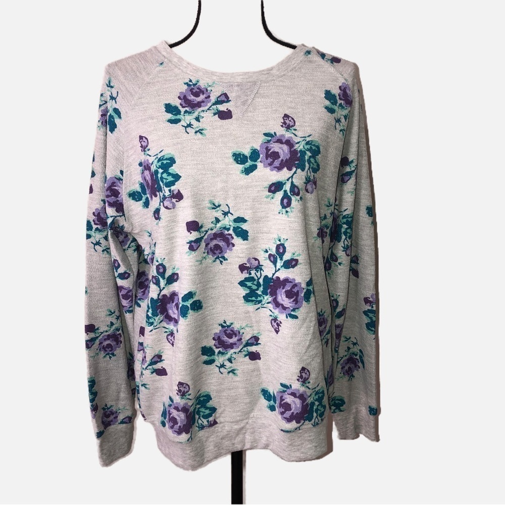 Gray Purple Floral Print Size Medium Terry Sweatshirt Cottagecore Grandma